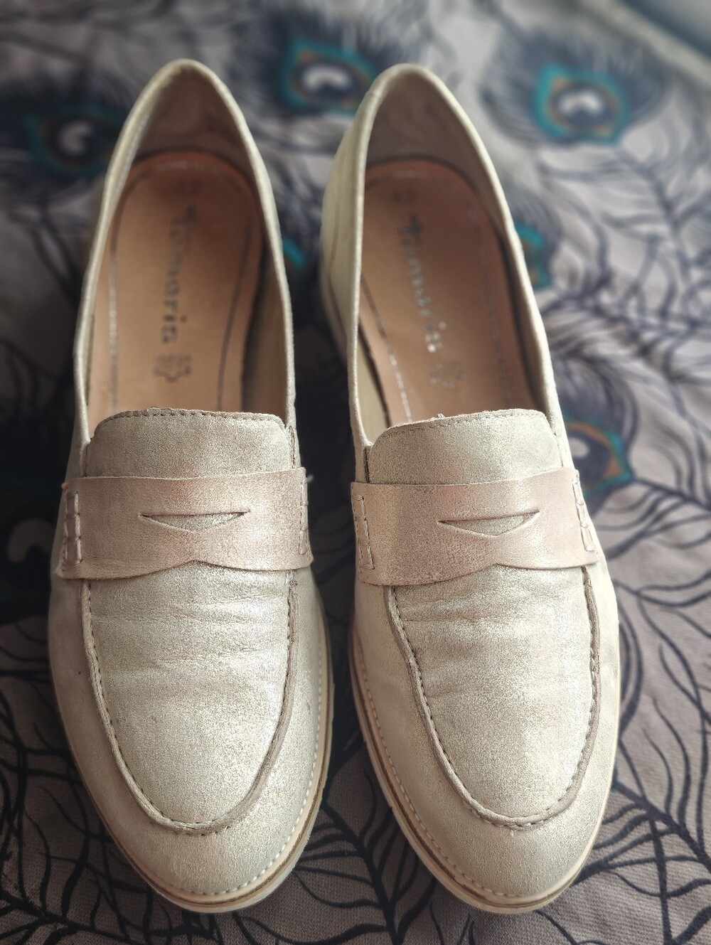 Tamaris 10 US 42 EUR Women's Loafer Slipper Champagne 2 Tone Leather EUC Metalli
